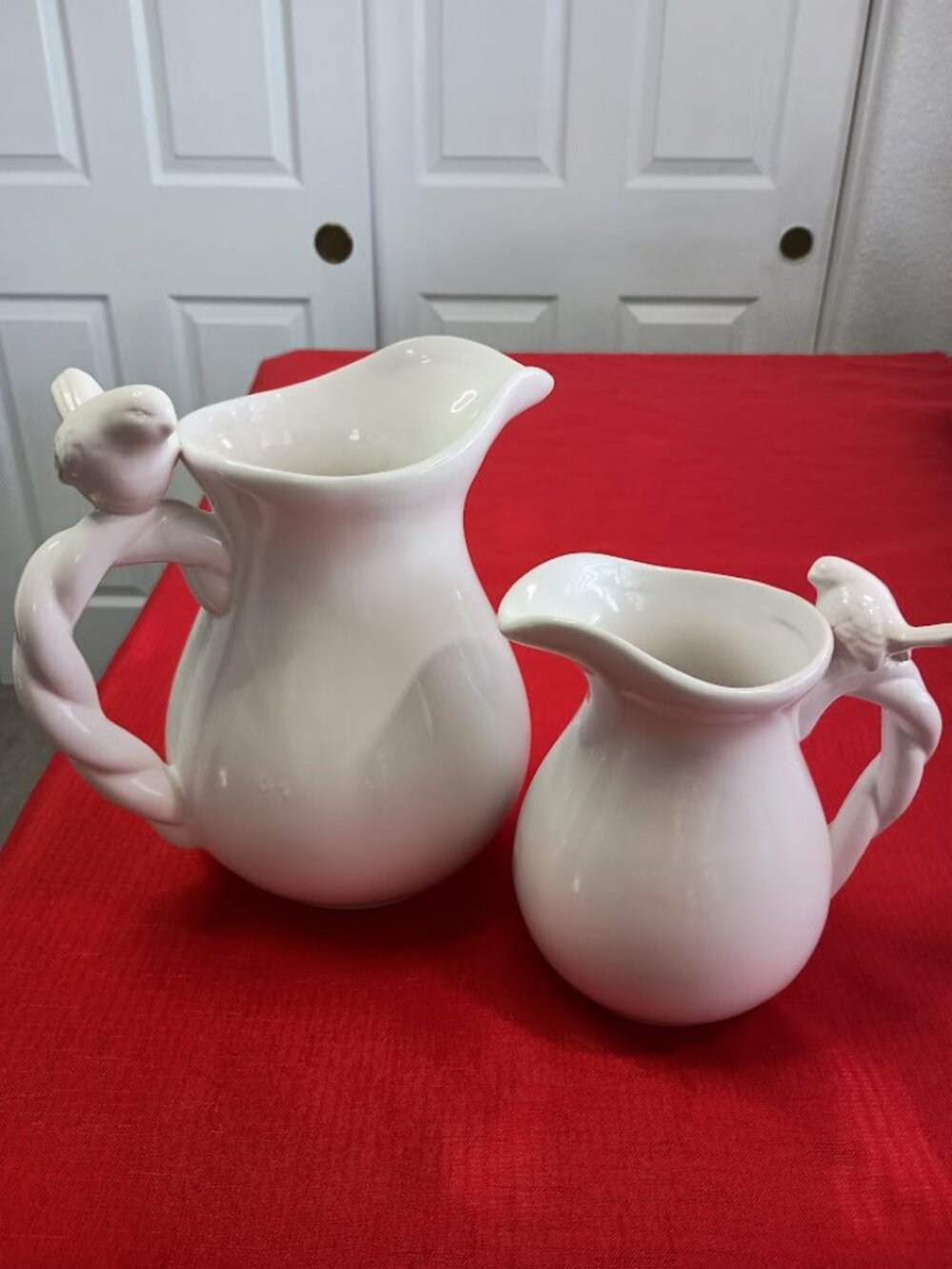 White Ceramic Pitcher Set with Bird Handles